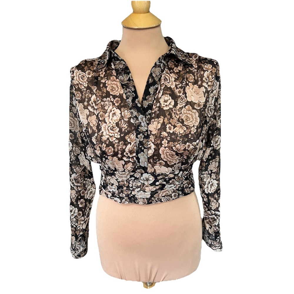 Zara Women's Brown Floral Metallic Thread Cropped Blouse Size‎ Small Cottagecore